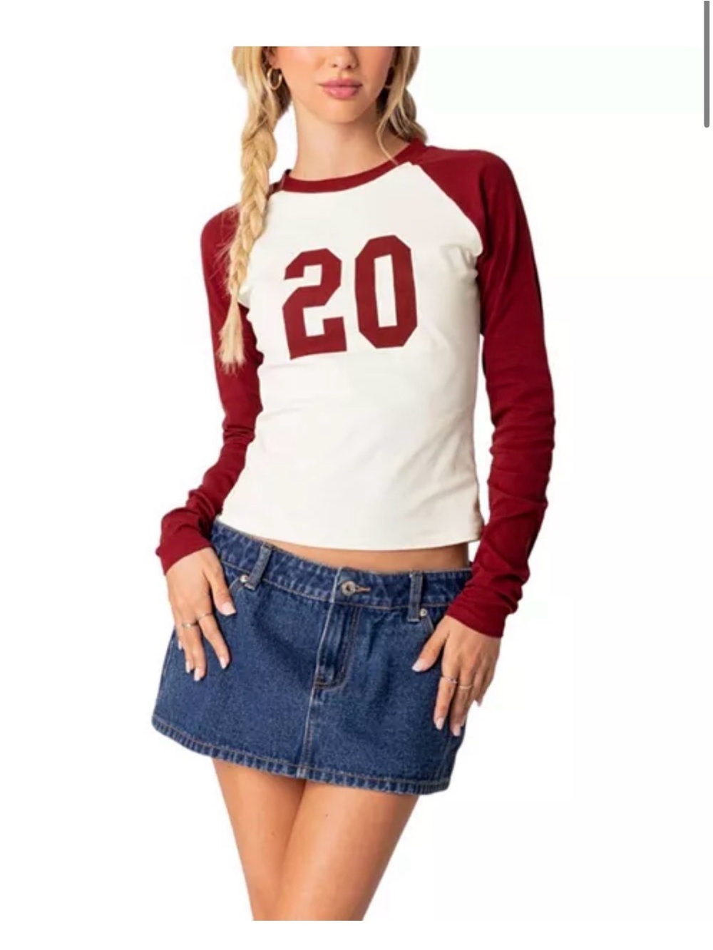 Edikted Burgundy and White Raglan '20' Long Sleeve Tee